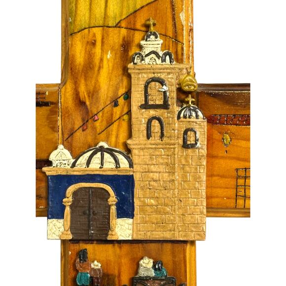 Folk Art Hand Painted 3-D Wood Cross Village Scene 20” x 14” - Picture 3 of 8